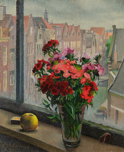 Raoul Martinez | Blumenstillleben auf der Fensterbank in Amsterdam, Öl auf Leinwand, 55,6 x 46,4 cm, Unterzeichnet u.l. und datiert '50, ohne Rahmen