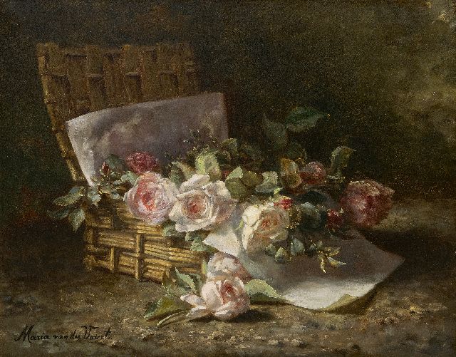 Maria van der Voort in de Betouw-Nourney | Rosen in einem Korb auf dem Waldboden, Öl auf Leinwand, 50,1 x 60,3 cm, Unterzeichnet u.l.