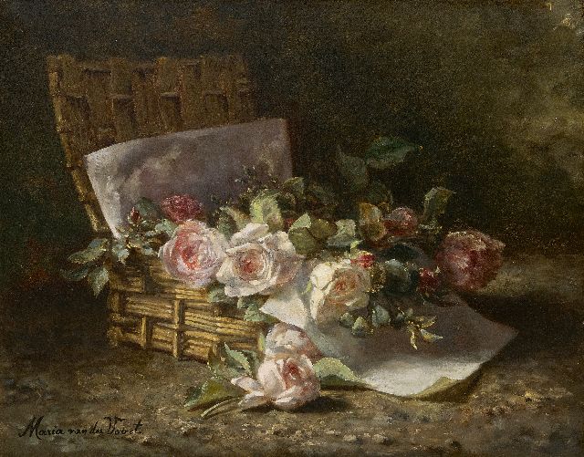 Voort in de Betouw-Nourney M. van der | Rosen in einem Korb auf dem Waldboden, Öl auf Leinwand 50,1 x 60,3 cm, Unterzeichnet u.l.