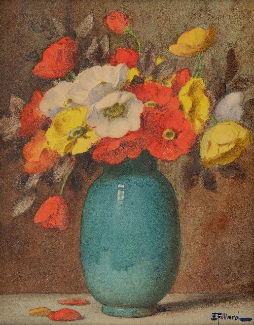 Ernest Filliard | Mohnblumen in einer blauen Vase, Aquarell auf Papier, 16,7 x 13,8 cm, Unterzeichnet u.r.