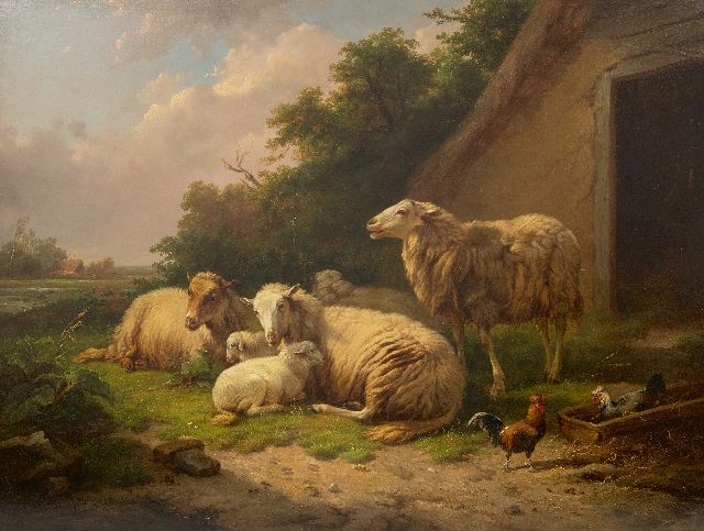 Leemputten C. van | Ruhende Schafe bei einem Stall, Öl auf Holz 64,9 x 86,0 cm, Unterzeichnet u.l. und datiert '68
