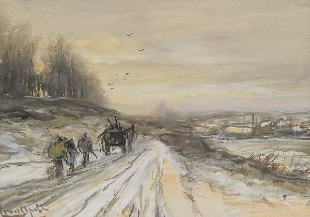 Louis Apol | Pferd und Kutsche in einer Winterlandschaft, Gouache auf Papier, 16,0 x 21,9 cm, Unterzeichnet l.u.