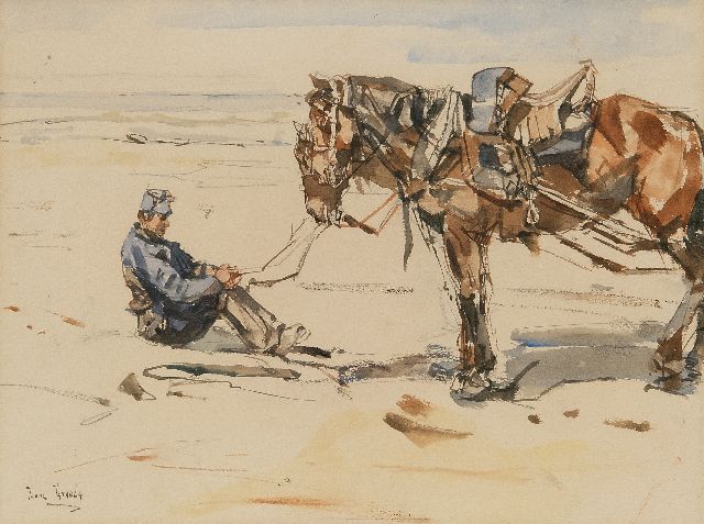Isaac Israels | Ein Artillerist mit Pferden am Strand, Aquarell auf Papier, 19,4 x 26,0 cm, Unterzeichnet l.u.