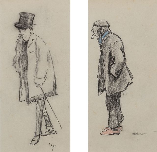 Willy Sluiter | Ein Mann mit Zylinder; ein Mann mit einer Pfeife, Bleistift und Farbbleistift auf Papier, 29,5 x 30,0 cm, Unterzeichnet l.u.