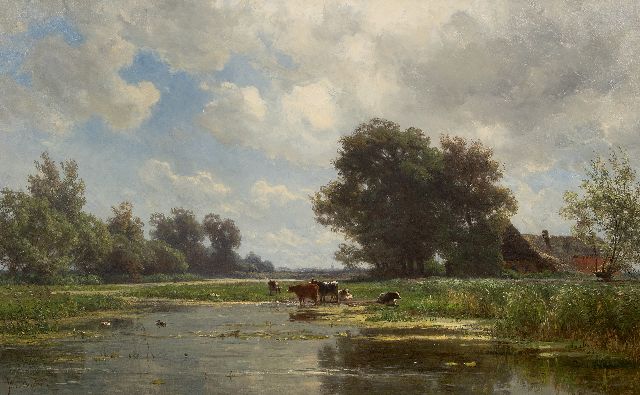 Jan Willem van Borselen | Kühe am Wasser, Öl auf Leinwand, 66,2 x 106,6 cm, Unterzeichnet l.u.