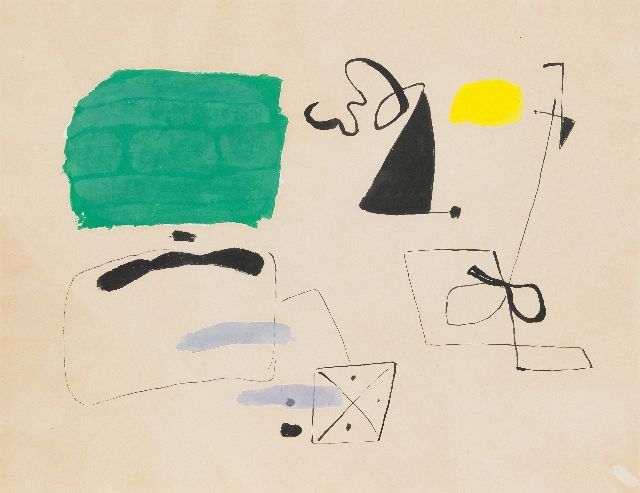 Piet Ouborg | Figuren tussen roependen (Figuren zwischen denen, die schreien), Tinte und Gouache auf Papier, 49,0 x 64,5 cm, Unterzeichnet rückseitig gestempelt und signiert und zu datieren um 1945-1950