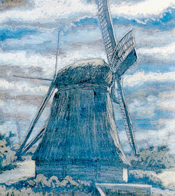 Schoonhoven van Beurden A.F.W.E. van | A windmill by moonlight, Gouache auf Holzfaser 72,3 x 58,9 cm, signed l.l.
