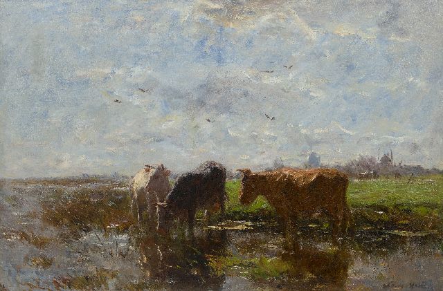 Willem Maris | Trinkende Kühe in einer Polderlandschaft, Öl auf Leinwand, 58,2 x 85,2 cm, Unterzeichnet l.u.