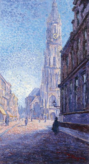 Jan Kruysen | A view of the tower of Delft at dawn, Öl auf Leinwand, 70,5 x 39,2 cm, signed l.r.