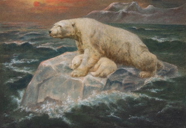 Nettleship J.T.  | Eisbär mit Jungen auf einem Eisstrom bei Sonnenuntergang, Gouache auf Papier 47,2 x 69,9 cm, Unterzeichnet u.r. und datiert 1900