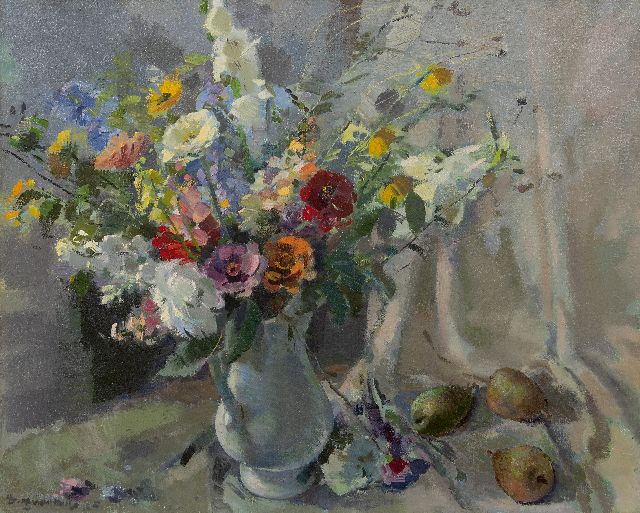 Daan Mühlhaus | Stillleben mit Sommerblumen und Birnen, Öl auf Leinwand, 80,5 x 100,5 cm, Unterzeichnet u.l.