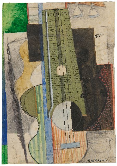 Eugène Brands | Gitarre, gouache and collage on paper on board, 26,5 x 18,5 cm, Unterzeichnet u.r. und dated 5/47
