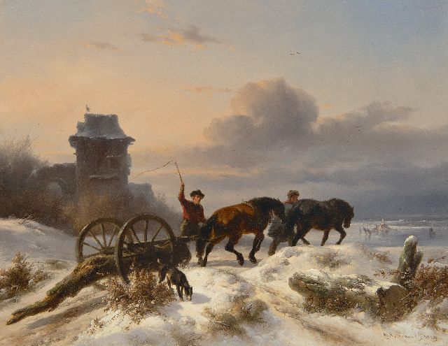 Wouterus Verschuur | Fuhrleute mit 'Mallejan' in einer Winterlandschaft, Öl auf Holz, 27,2 x 35,0 cm, Unterzeichnet u.r. und datiert 1849