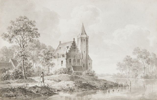 Barend Cornelis Koekkoek | Reisenden an einem Schloss beim Flussufer, Getuschte Tinte auf Papier, 18,0 x 27,5 cm