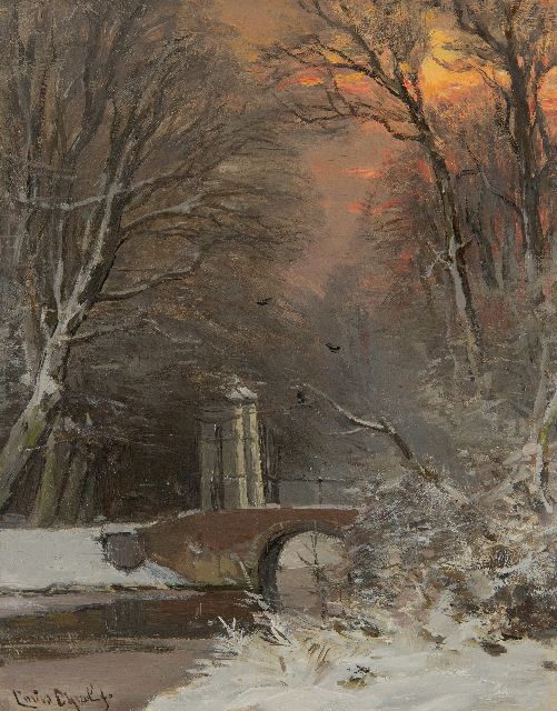 Louis Apol | Blick in einen verschneiten Wald in der Abenddämmerung, Öl auf Holz, 27,4 x 21,9 cm, Unterzeichnet u.l.