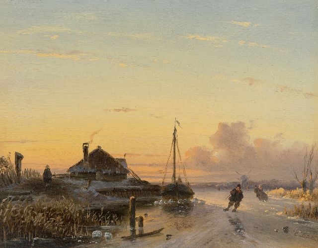 Charles Leickert | Skater bei Sonnenuntergang, Öl auf Holz, 17,0 x 21,0 cm, Unterzeichnet u.r. und zu datieren um 1850