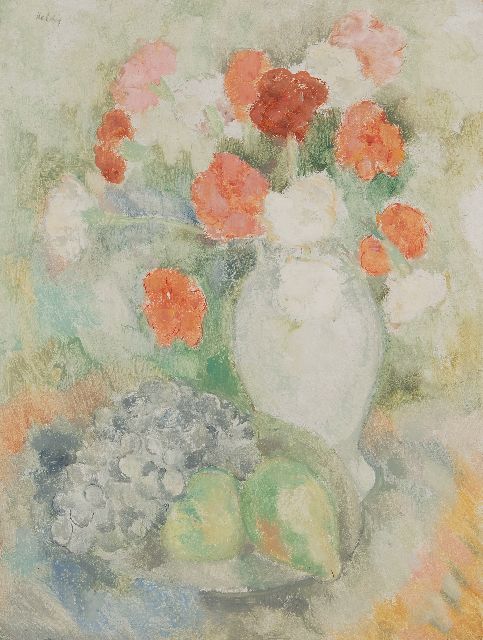 Toon Kelder | Blumenstillleben mit Obstschale, Öl auf Tafel, 58,5 x 44,5 cm, Unterzeichnet o.l.