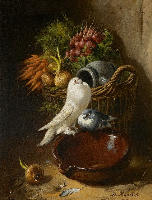 Henriette Ronner | Tauben beim Gemüsekorb, Öl auf Holz, 18,9 x 15,5 cm, Unterzeichnet u.r.