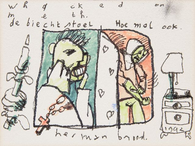 Brood H.  | Der Beichtstuhl, Filzstift auf Papier 29,0 x 38,8 cm, Unterzeichnet u.m. und datiert 1992