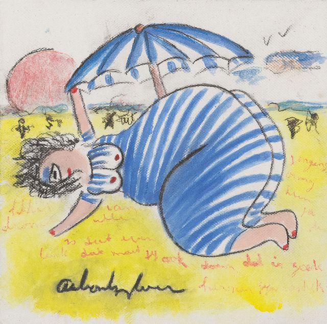 Anton Heyboer | Sonnenbaden unter einem Sonnenschirm, Kreide und Gouache auf Papier, 28,0 x 28,0 cm, Unterzeichnet u.m.