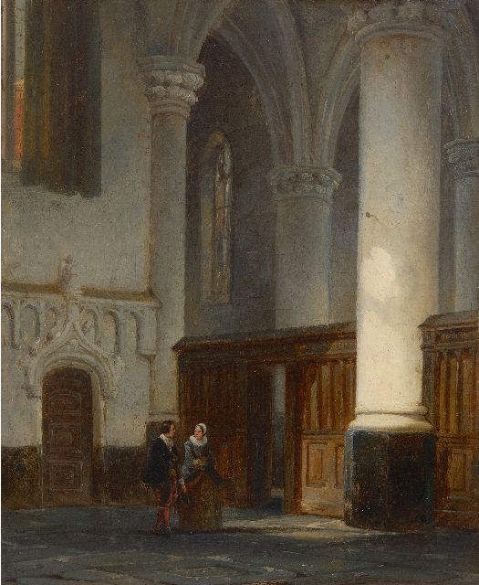 Cornelis Springer | Mann und Frau im Kirchenraum, Öl auf Leinwand, 32,9 x 27,3 cm, Unterzeichnet u.l. mit Monogramm und datiert '44