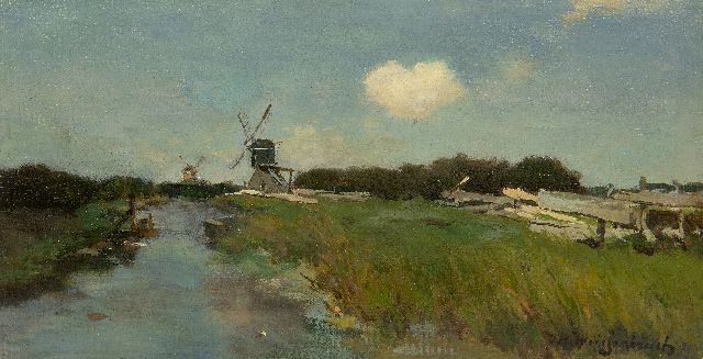 Jan Hendrik Weissenbruch | Windmühlen am Polderkanal bei Noorden, Öl auf Leinwand auf Holz, 23,0 x 43,1 cm, Unterzeichnet u.r.