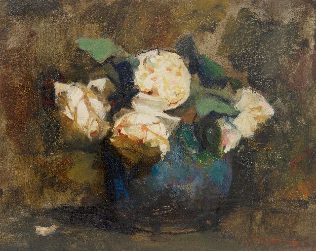 Floris Arntzenius | Weiße Rosen in einem blauen Topf, Öl auf Leinwand auf Holz, 30,8 x 38,0 cm, Unterzeichnet u.r.