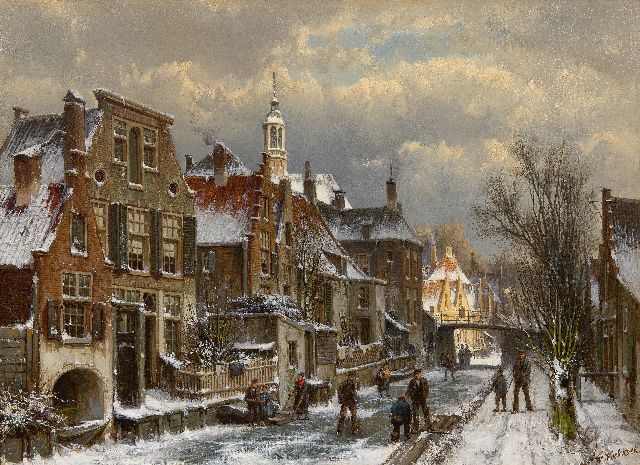 Willem Koekkoek | Winterliches Stadtbild mit Figuren, Öl auf Leinwand, 44,5 x 60,5 cm, Unterzeichnet u.r.