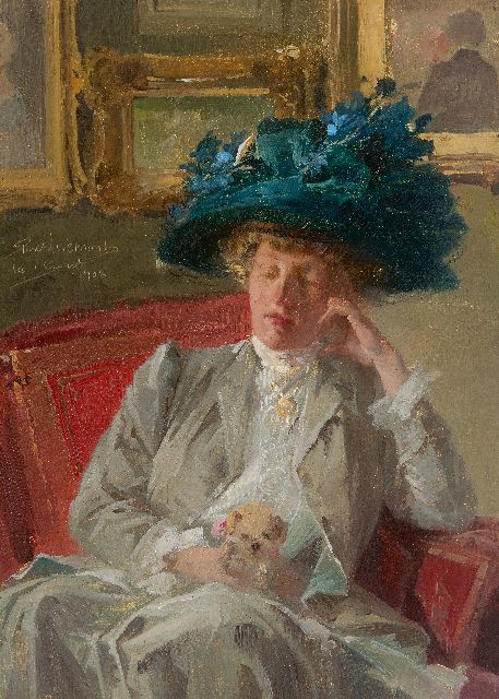 Livemont H.P.A.T.  | In der Ausstellung: Frau mit blauem Hut und Hündchen, Öl auf Holzfaser 33,1 x 24,0 cm, Unterzeichnet m.l. und datiert  'le 1 Aout' 1908