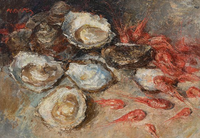 Arthur Navez | Stilleben mit Austern und Garnelen, Öl auf Leinwand, 35,0 x 50,2 cm, Unterzeichnet o.l.