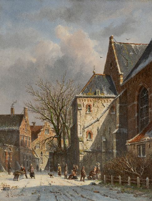 Adrianus Eversen | Schneebedecktes Stadtbild mit Figuren, Öl auf Holz, 35,7 x 27,6 cm, Unterzeichnet u.l.