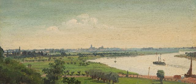 Willem Oppenoorth | Sommerliche Flusslandschaft, Deventer in der Ferne, Öl auf Leinwand auf Holz, 21,2 x 46,1 cm, Unterzeichnet u.l.