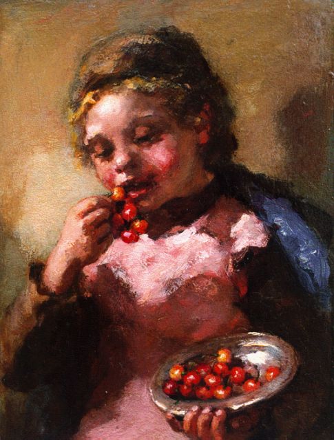 André Broedelet | A girl eating cherries, Öl auf Holz, 21,2 x 15,4 cm, signed l.l.