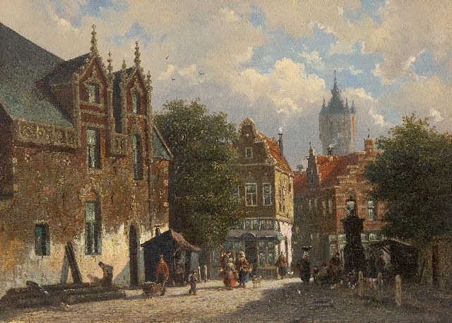 Frederik Roosdorp | Sonniges Stadtbild mit der Alte Kirche von Delft, Öl auf Leinwand, 29,2 x 40,0 cm, Unterzeichnet mit Initialen im Verso