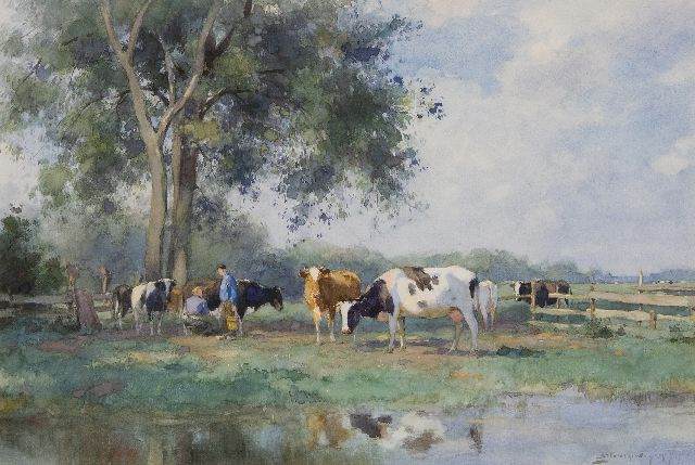 Groenewegen A.J.  | Melkzeit, Aquarell auf Papier 34,1 x 51,2 cm, Unterzeichnet u.r.