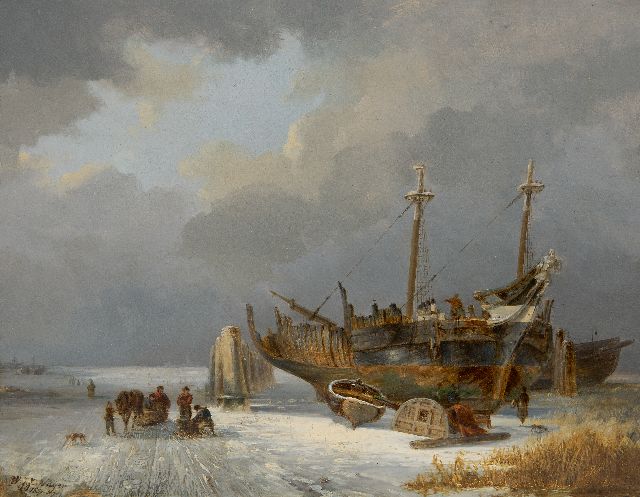 Wijnand Nuijen | Gefrorene Landschaft mit Figuren und einer Werft, Öl auf Holz, 23,4 x 29,8 cm, Unterzeichnet u.l. und datiert 1830