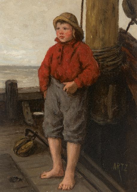 David Artz | Katwjker Fischerjunge im roten Pullover, Öl auf Holz, 22,5 x 16,2 cm, Unterzeichnet u.r.