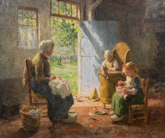 Evert Pieters | Sonniges Interieur mit Mutter und Kindern, Laren, Öl auf Leinwand, 68,1 x 81,2 cm, Unterzeichnet u.r.