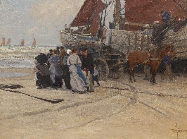 Jansen H.W.  | Die Abreise der Fischer, Katwijk, Öl auf Leinwand 62,0 x 83,0 cm, Unterzeichnet u.r.