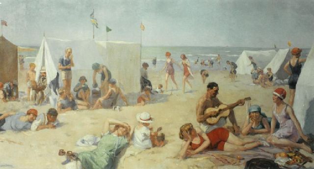 Louis Soonius | Tag am Strand, Öl auf Leinwand, 200,0 x 440,0 cm, Unterzeichnet l.u.