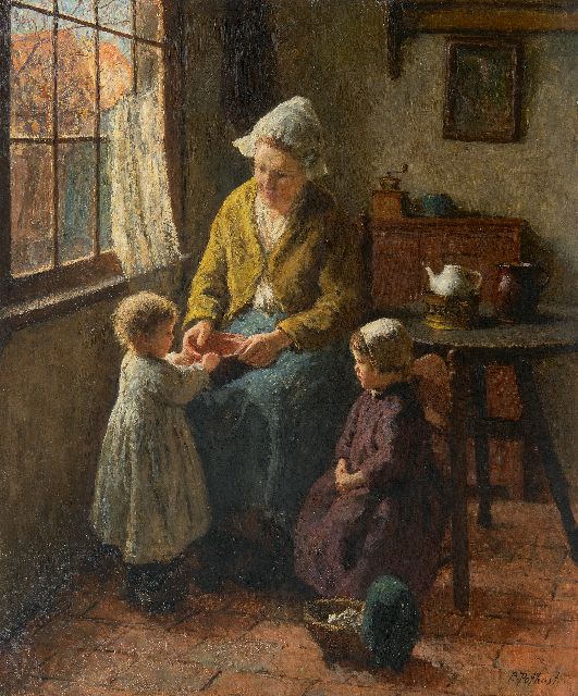 Bernard Pothast | Interieur mit Mutter und Kindern, Laren, Öl auf Leinwand, 59,9 x 49,8 cm, Unterzeichnet u.r.