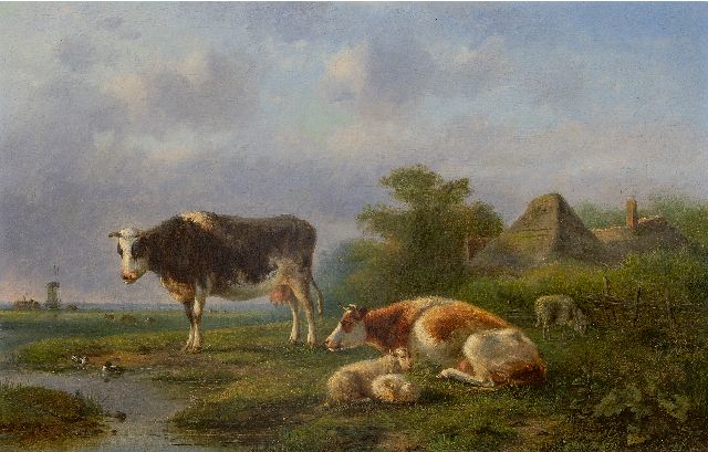 Jan van Ravenswaay | Holländische Wiesenlandschaft mit rastendem Vieh, Öl auf Leinwand, 63,0 x 98,0 cm, Unterzeichnet M.u.