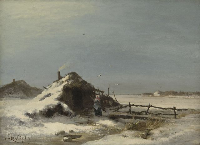Louis Apol | Winterlandschaft mit Plaggenhütte, Öl auf Leinwand, 47,2 x 64,2 cm, Unterzeichnet u.l. und zu datieren um 1871-1873