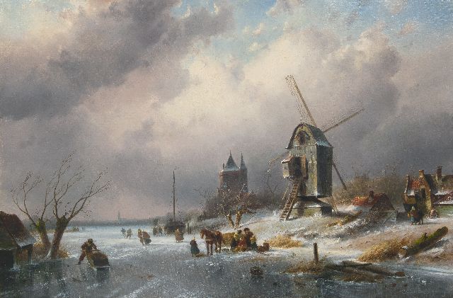 Charles Leickert | Winterlandschaft mit Schlittschuhläufern und Windmühle, Öl auf Leinwand, 77,8 x 115,1 cm, Unterzeichnet u.r.