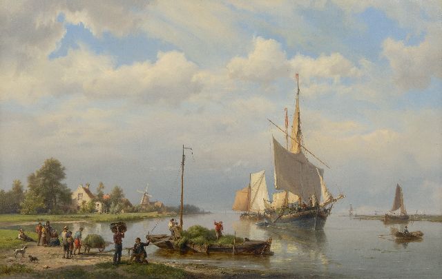 Hermanus Koekkoek | Ruhiger Flussblick mit festgemachten Schiffen und Heuladefiguren, Öl auf Leinwand, 49,0 x 76,8 cm, Unterzeichnet u.m. und datiert 1865