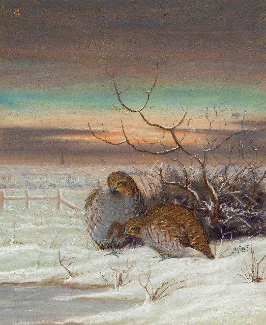 Nicolaas Jan Melis | Wachtel in einer schneebedeckten Landschaft, Kreide und Aquarell auf Holzfaser, 48,8 x 41,0 cm, Unterzeichnet M.r.