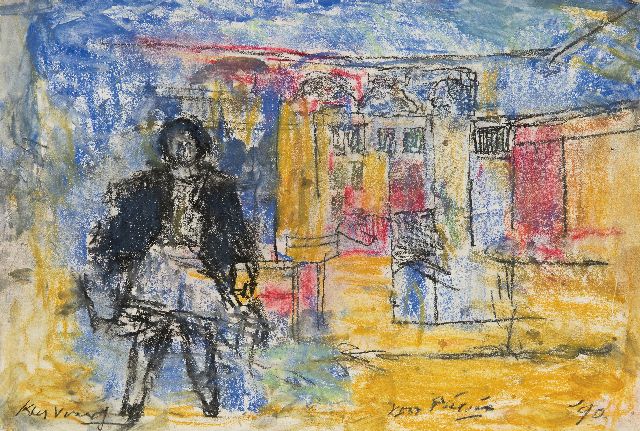 Verwey K.  | Frau in einer Straße, Kreide und Aquarell auf Papier 26,8 x 39,8 cm, Unterzeichnet u.l. und datiert '90