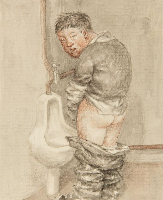 Peter Vos | Pinkelnder Mann, Bleistift und Aquarell auf Papier, 9,2 x 7,5 cm, datiert 4.XI.'83