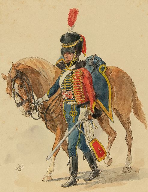 Willem Constantijn Staring | Dragoner bei seinem Pferd, Tinte und Aquarell auf Papier, 29,5 x 22,6 cm, Unterzeichnet u.l. mit Monogramm