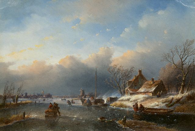 Jan Jacob Spohler | Eis Scene mit Skatern, Öl auf Leinwand, 59,5 x 80,5 cm, Unterzeichnet u.l.